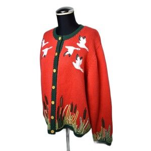 Orvis Red Geese Cat Tails Applique Cardigan Sweater - Women's L